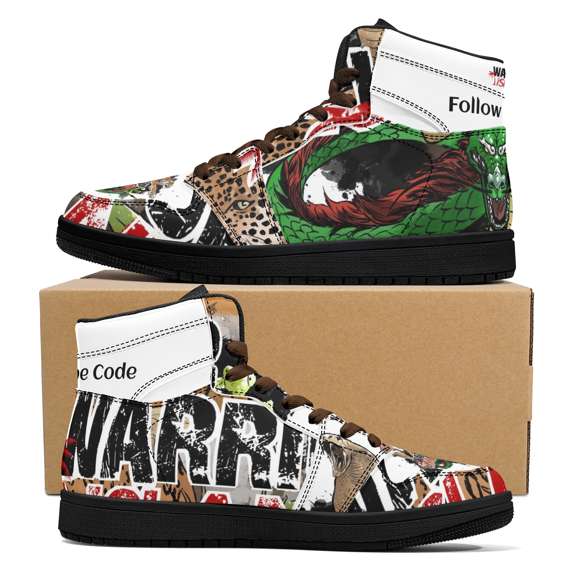 Warrior Island KUNG FU Mens Black High Top Leather Sneakers